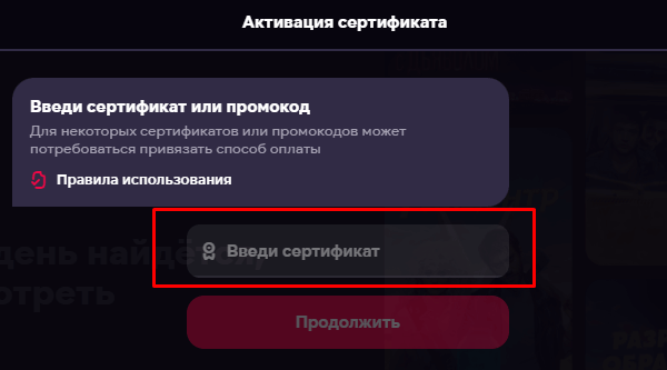 Поле для ввода промокода ivi.ru